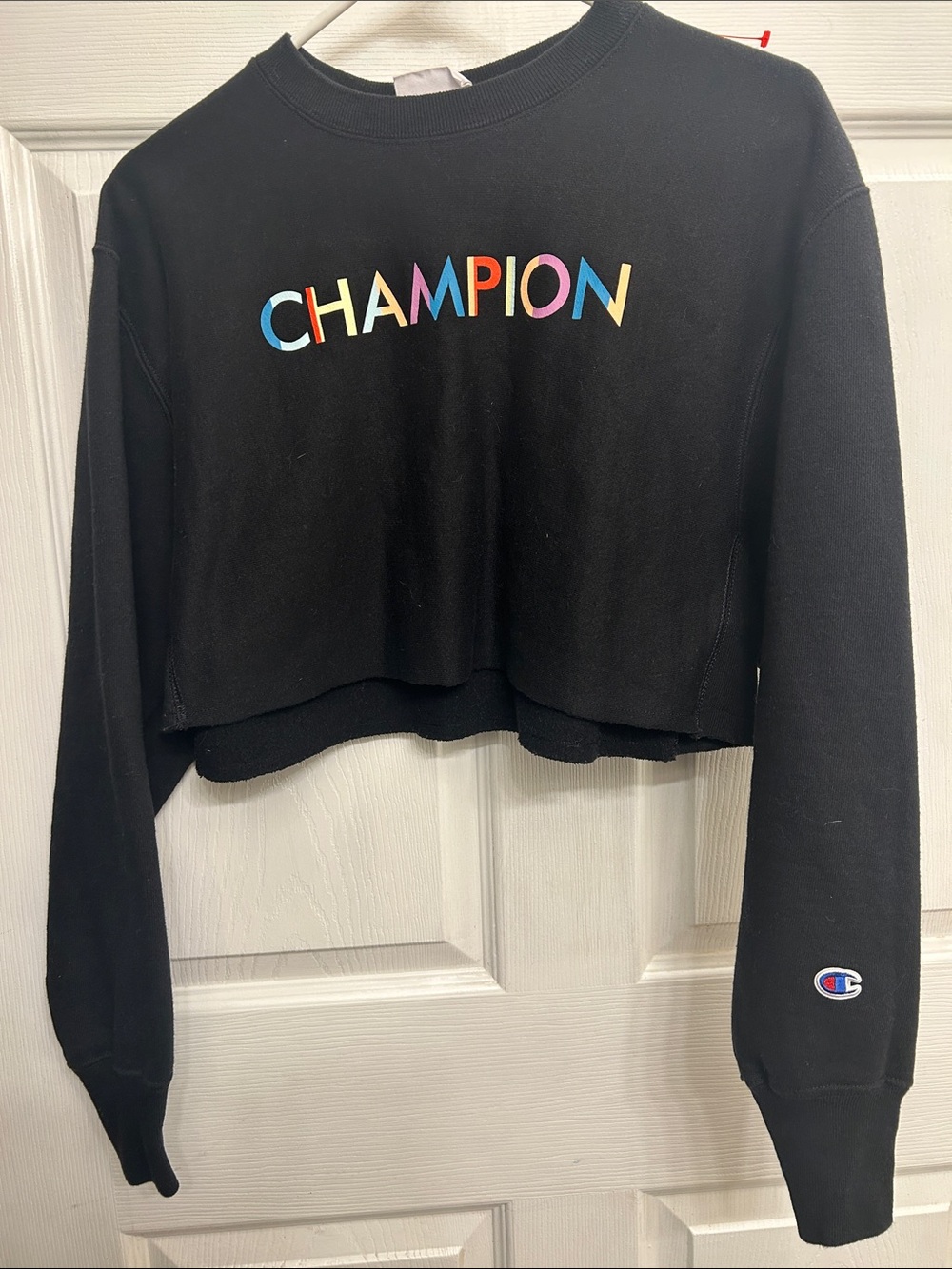 Champion Black Cropped Sweatshirt with Rainbow Lettering